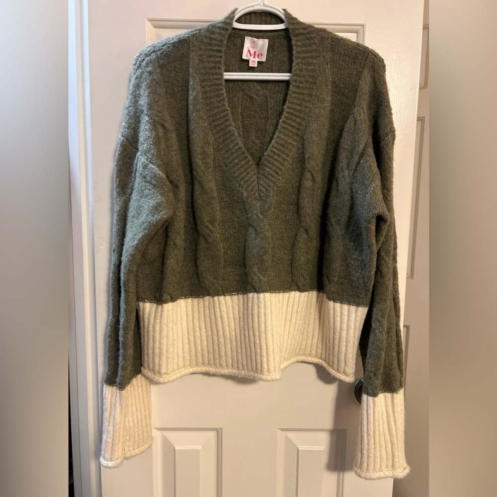 So Me brand Boutique Olive and Cream V-Neck Sweater